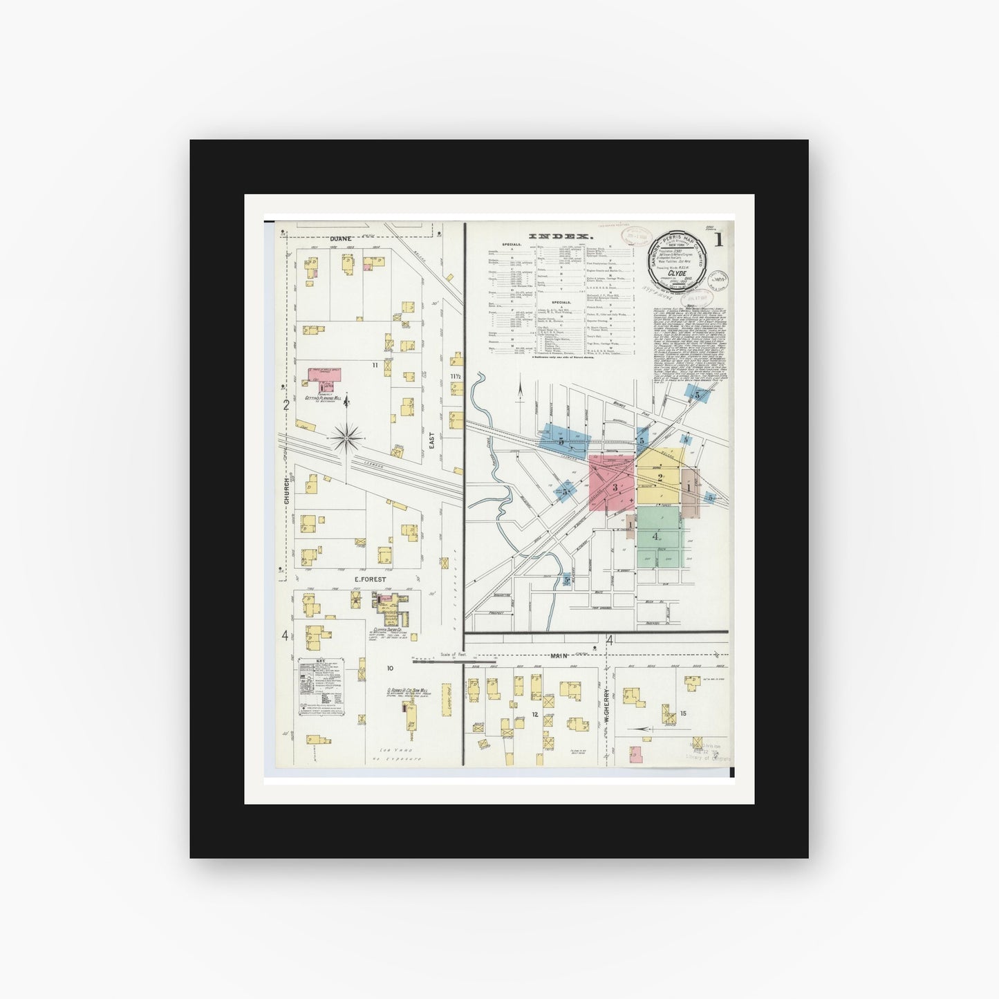 Old map wall art mockup — black gallery frame with white mat — Sanborn Fire Insurance Map from Clyde, Sandusky County, Ohio (1899), Sheet #0001