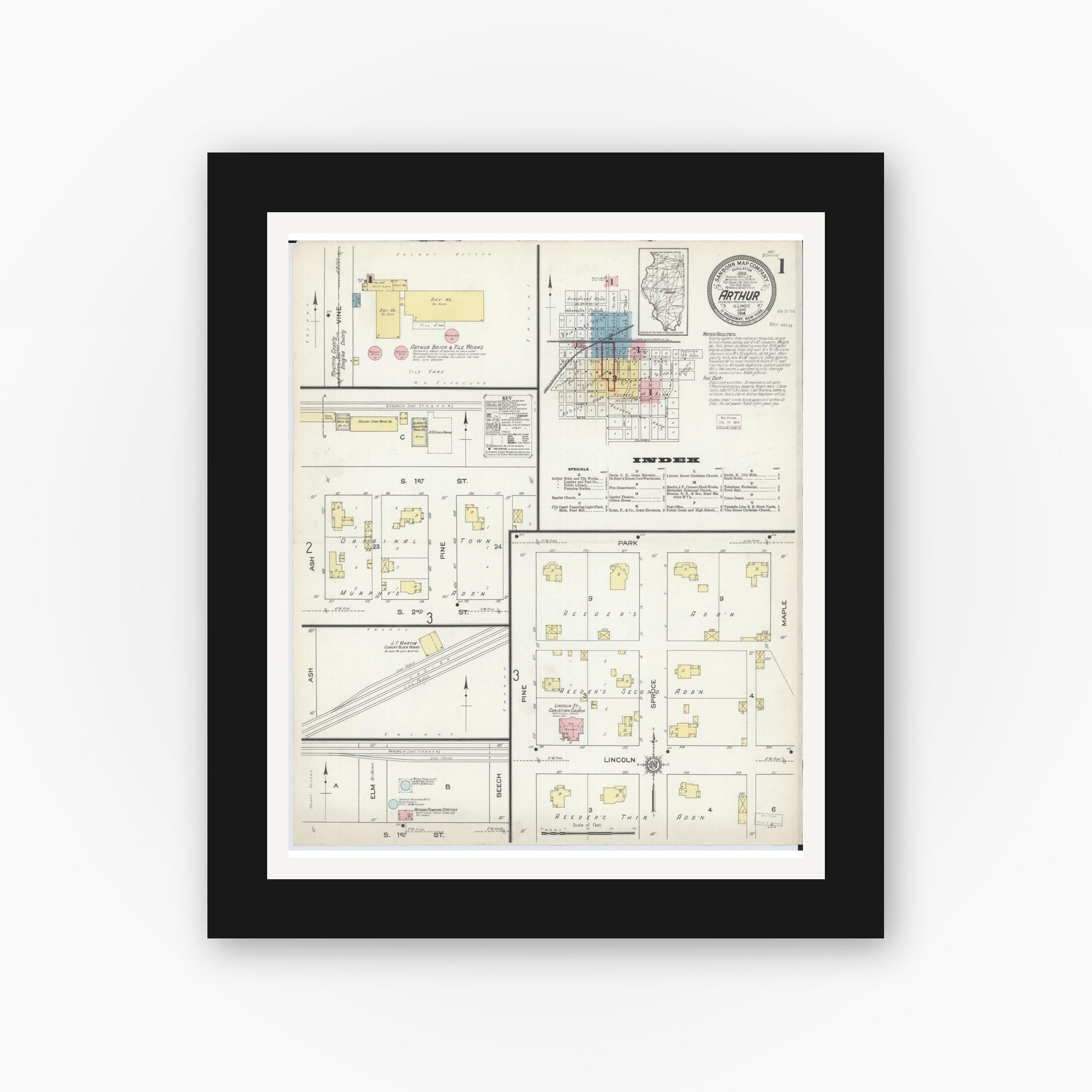 Old map wall art mockup — black gallery frame with white mat — Sanborn Fire Insurance Map from Arthur, Moultrie And Douglas Counties, Illinois (1914), Sheet #0001
