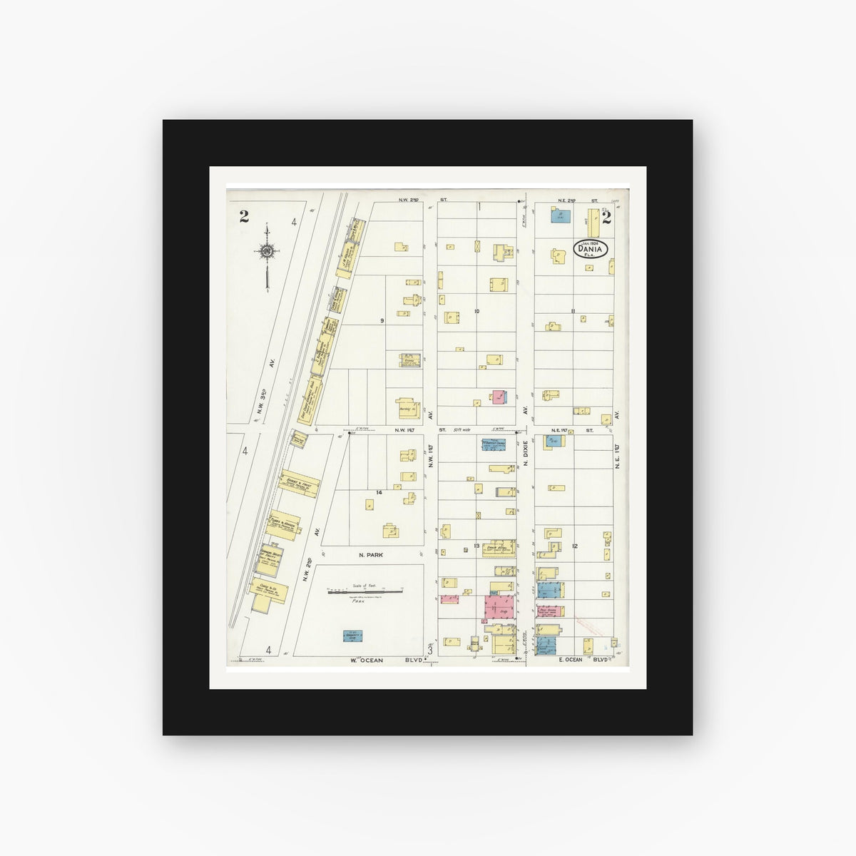 Old map wall art mockup — black gallery frame with white mat — Sanborn Fire Insurance Map from Dania, Broward County, Florida (1924), Sheet #0002