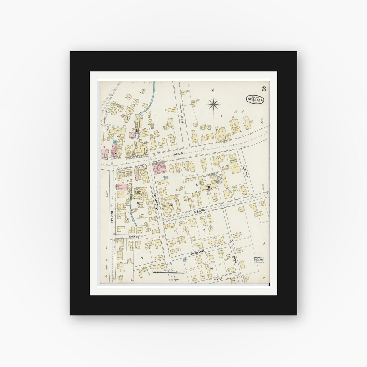 Old map wall art mockup — black gallery frame with white mat — Sanborn Fire Insurance Map from Webster, Worcester County, Massachusetts (1888), Sheet #0003