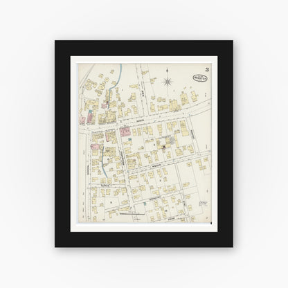 Old map wall art mockup — black gallery frame with white mat — Sanborn Fire Insurance Map from Webster, Worcester County, Massachusetts (1888), Sheet #0003