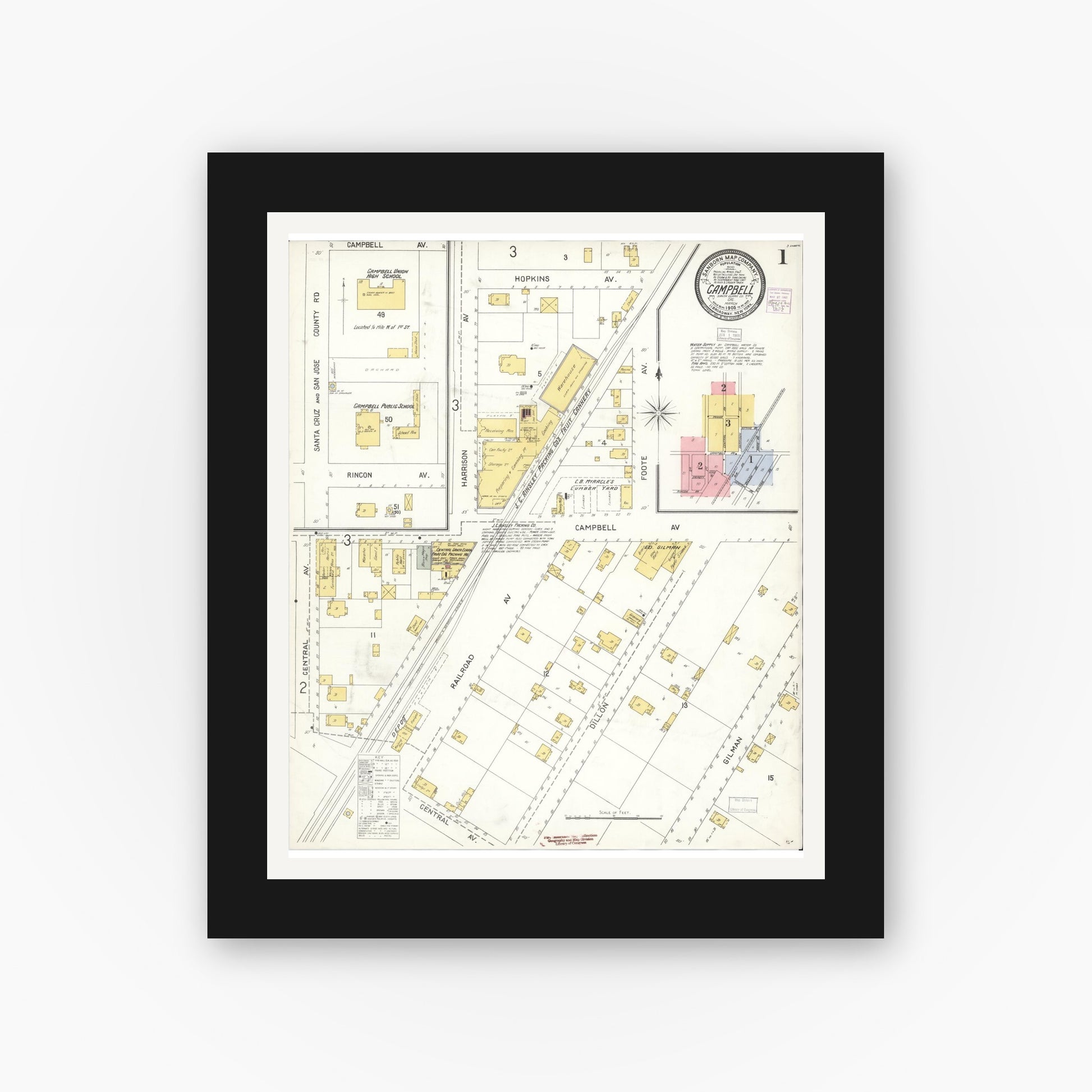 Old map wall art mockup — black gallery frame with white mat — Sanborn Fire Insurance Map from Campbell, Santa Clara County, California (1905) - Complete Map Set