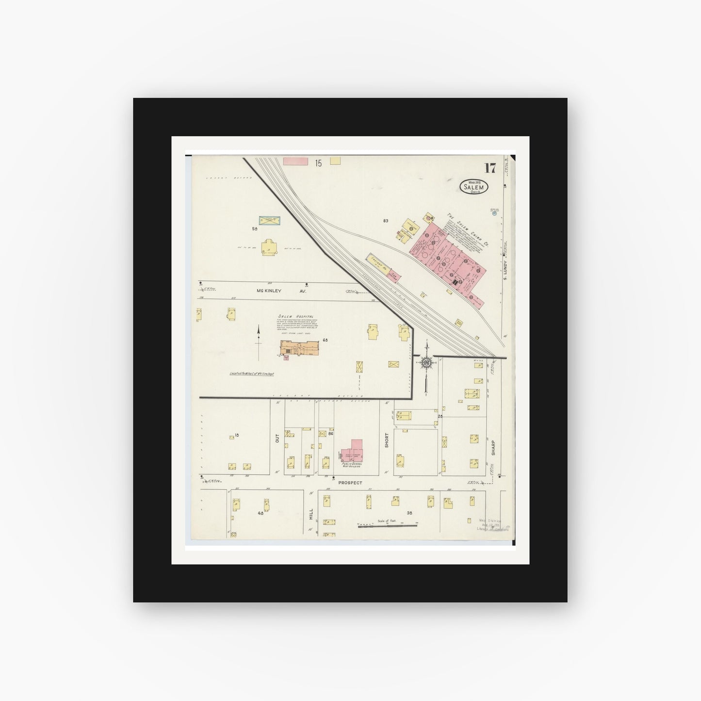 Old map wall art mockup — black gallery frame with white mat — Sanborn Fire Insurance Map from Salem, Columbiana County, Ohio (1915), Sheet #0017