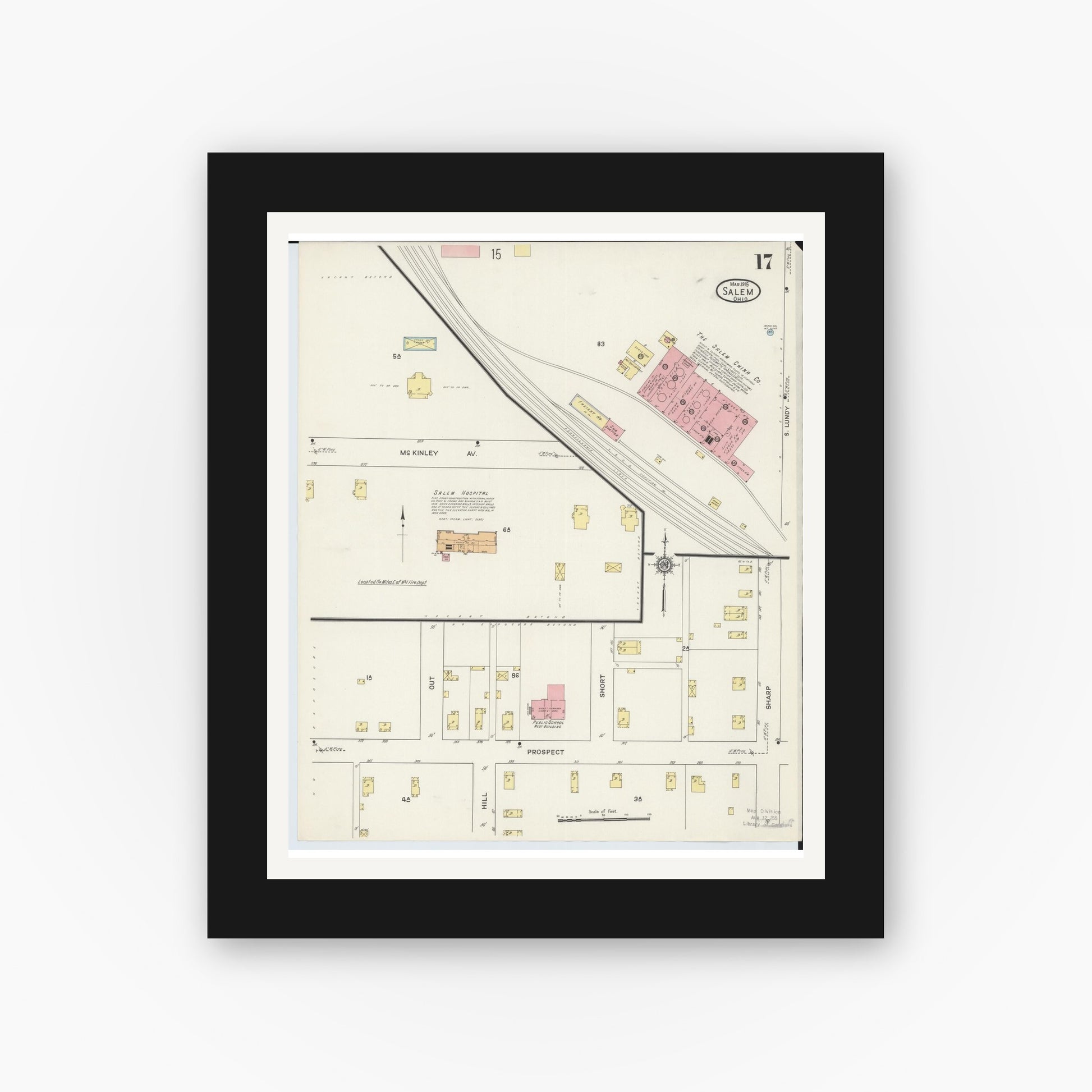 Old map wall art mockup — black gallery frame with white mat — Sanborn Fire Insurance Map from Salem, Columbiana County, Ohio (1915), Sheet #0017