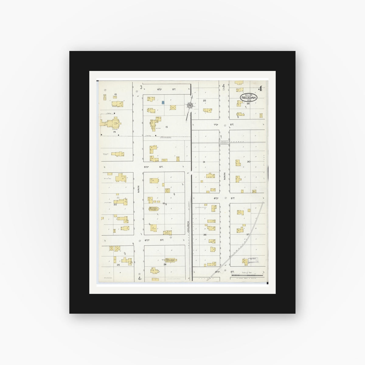 Old map wall art mockup — black gallery frame with white mat — Sanborn Fire Insurance Map from Necedah, Juneau County, Wisconsin (1916), Sheet #0004