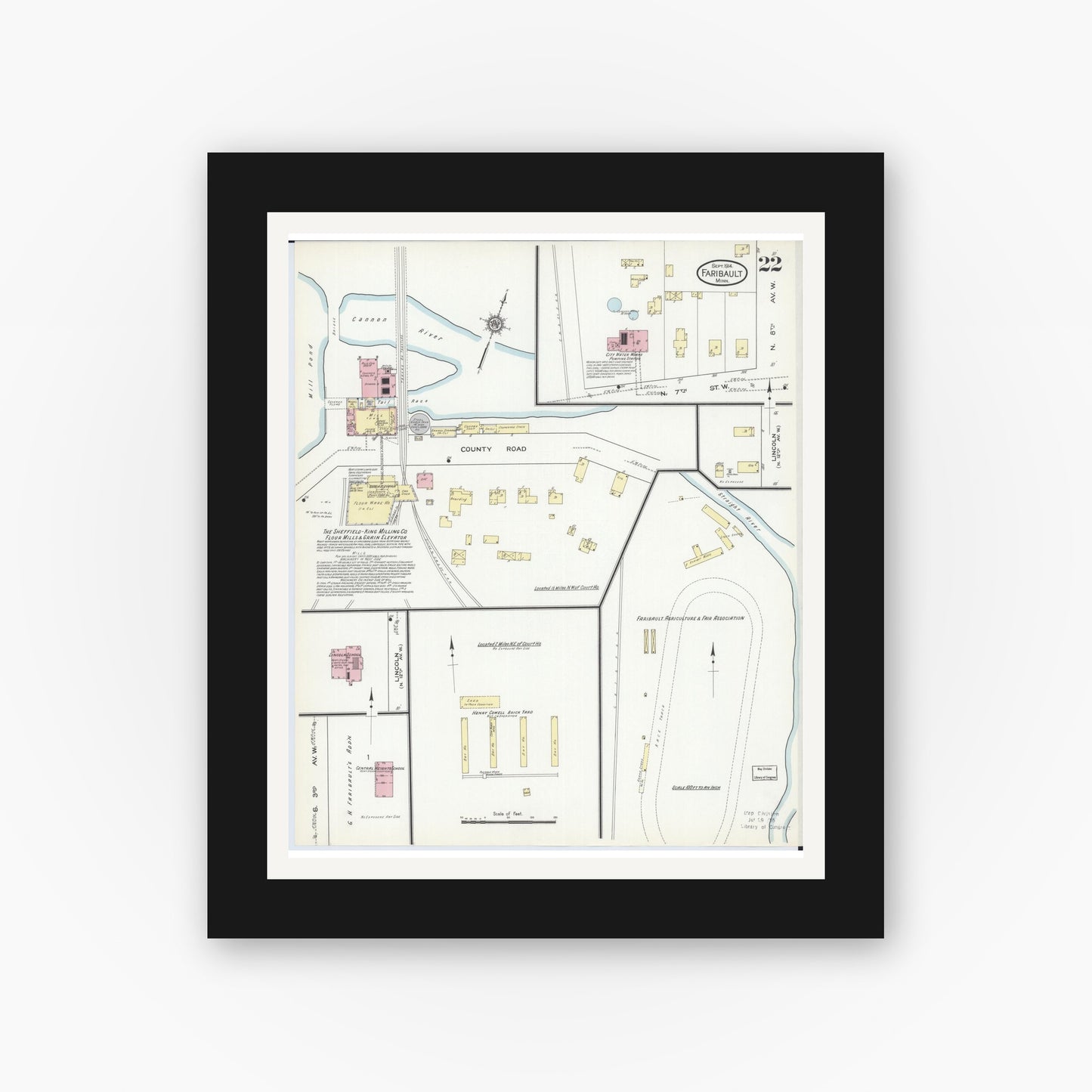 Old map wall art mockup — black gallery frame with white mat — Sanborn Fire Insurance Map from Faribault, Rice County, Minnesota (1914), Sheet #0022