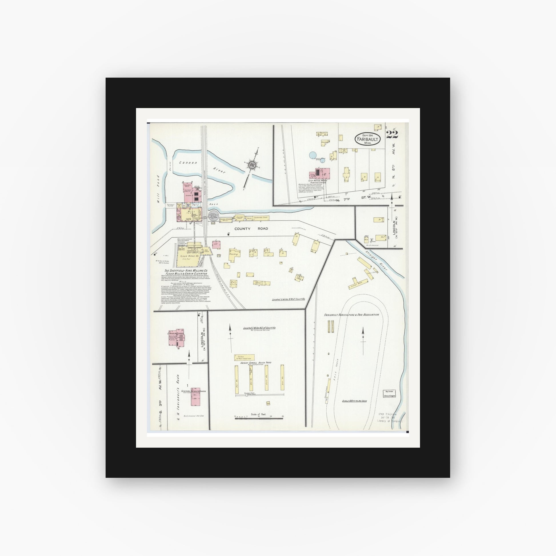 Old map wall art mockup — black gallery frame with white mat — Sanborn Fire Insurance Map from Faribault, Rice County, Minnesota (1914), Sheet #0022
