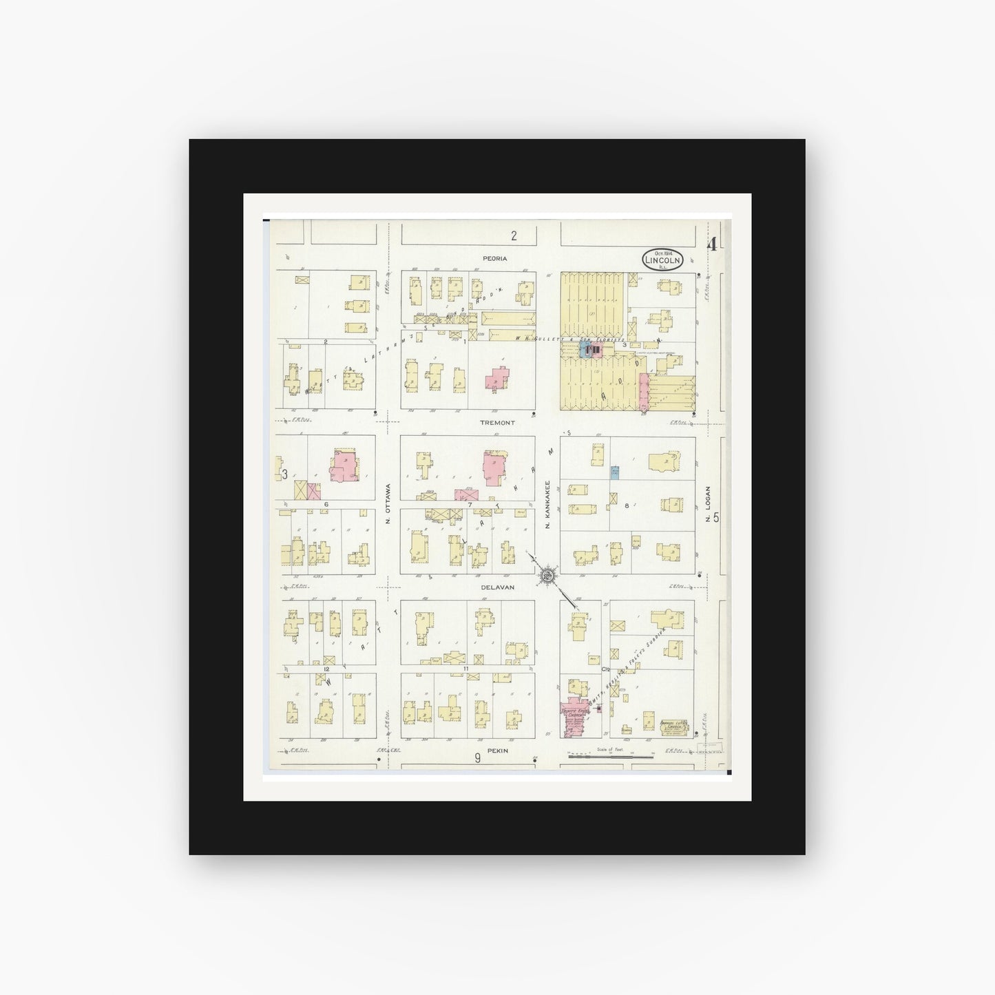 Old map wall art mockup — black gallery frame with white mat — Sanborn Fire Insurance Map from Lincoln, Logan County, Illinois (1914), Sheet #0004