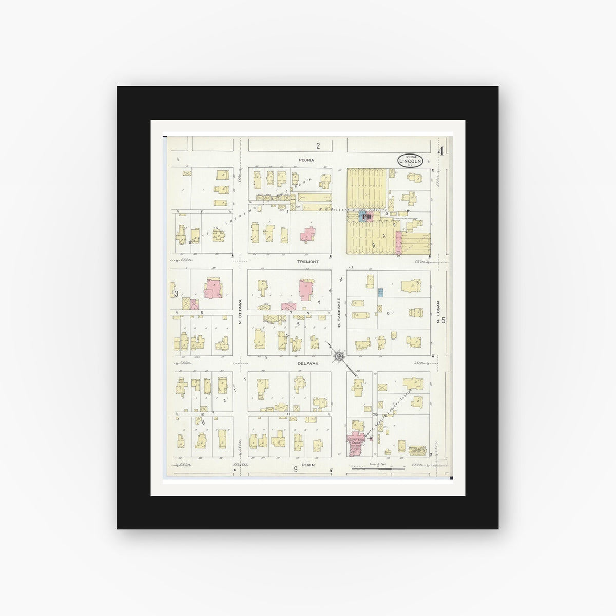 Old map wall art mockup — black gallery frame with white mat — Sanborn Fire Insurance Map from Lincoln, Logan County, Illinois (1914), Sheet #0004