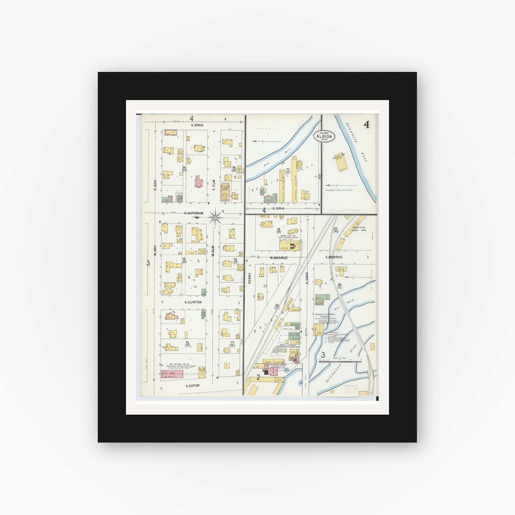 Old map wall art mockup — black gallery frame with white mat — Sanborn Fire Insurance Map from Albion, Calhoun County, Michigan (1900), Sheet #0004