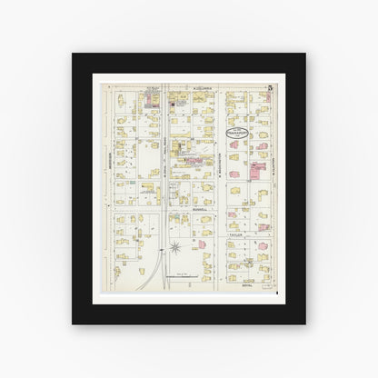 Old map wall art mockup — black gallery frame with white mat — Sanborn Fire Insurance Map from Frankfort, Clinton County, Indiana (1892), Sheet #0005