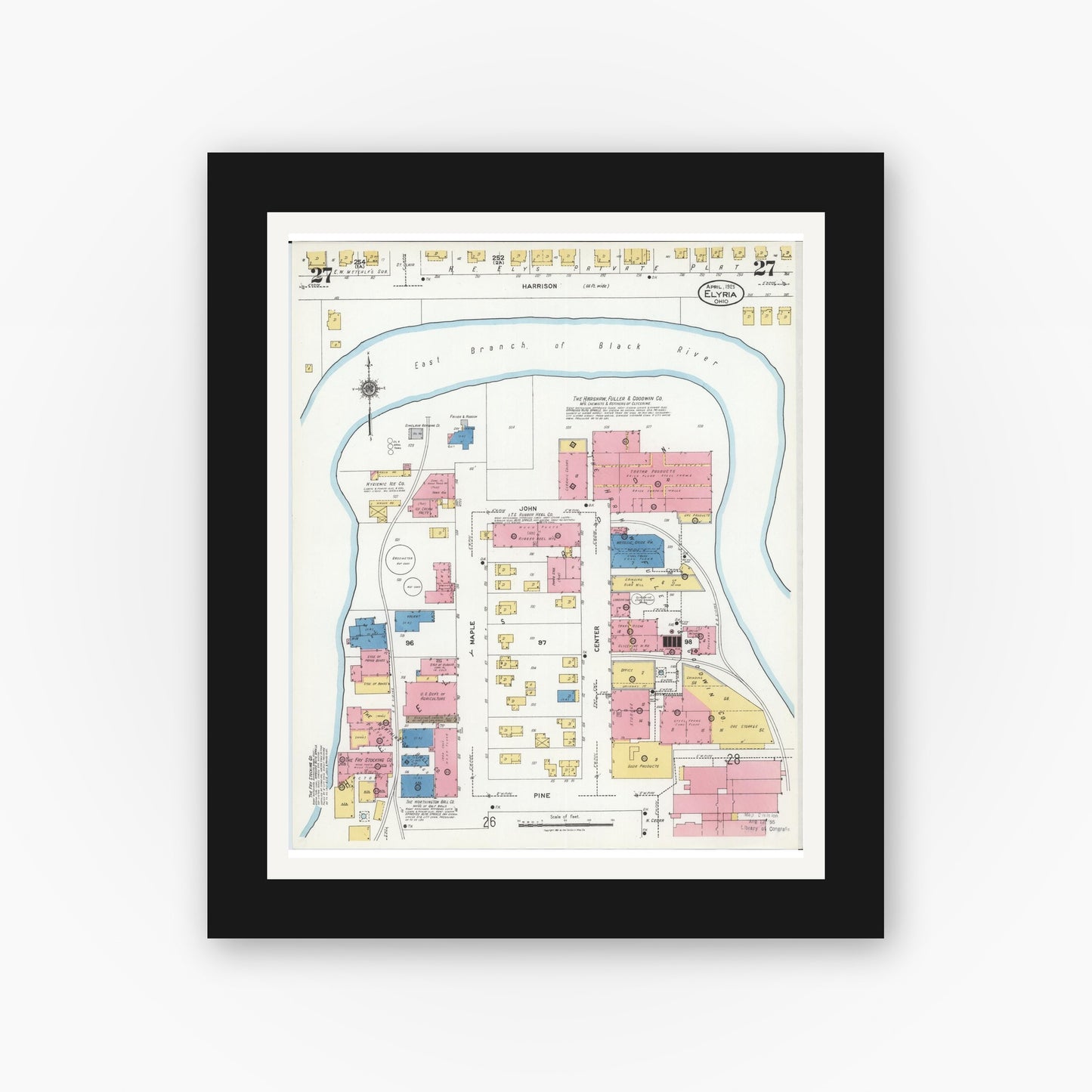 Old map wall art mockup — black gallery frame with white mat — Sanborn Fire Insurance Map from Elyria, Lorain County, Ohio (1925), Sheet #0027