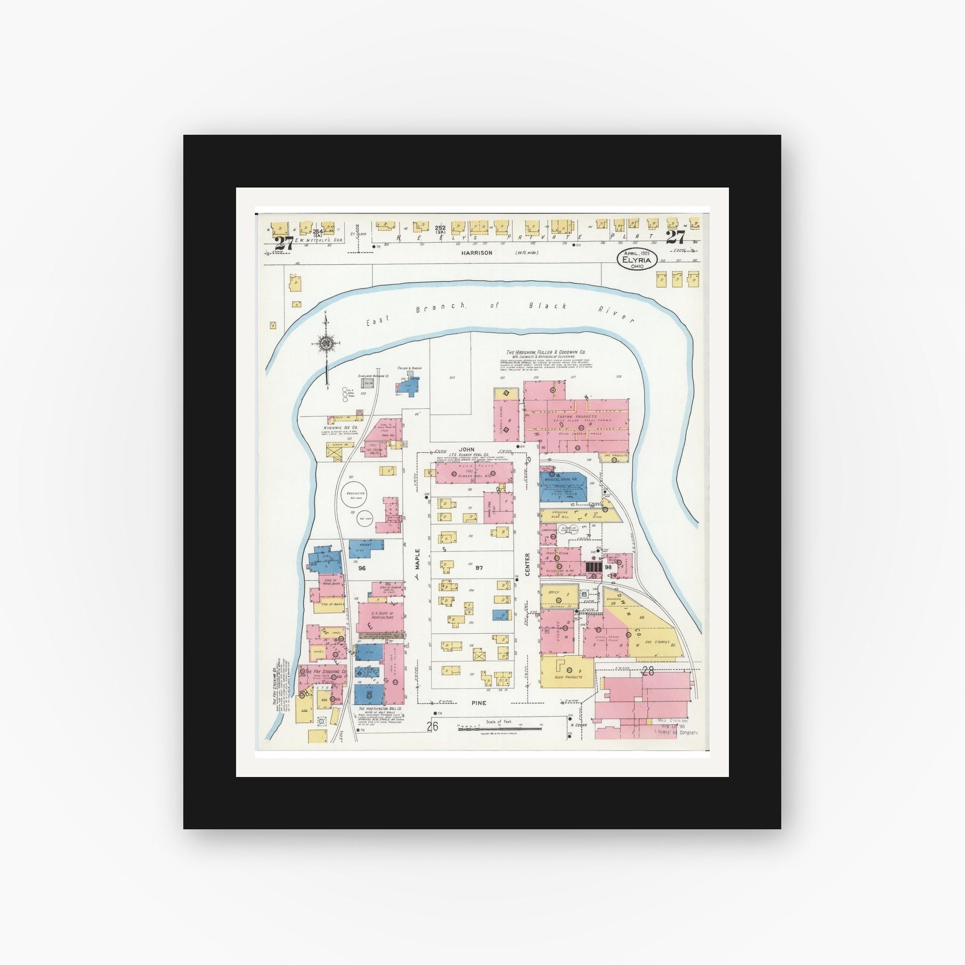 Old map wall art mockup — black gallery frame with white mat — Sanborn Fire Insurance Map from Elyria, Lorain County, Ohio (1925), Sheet #0027