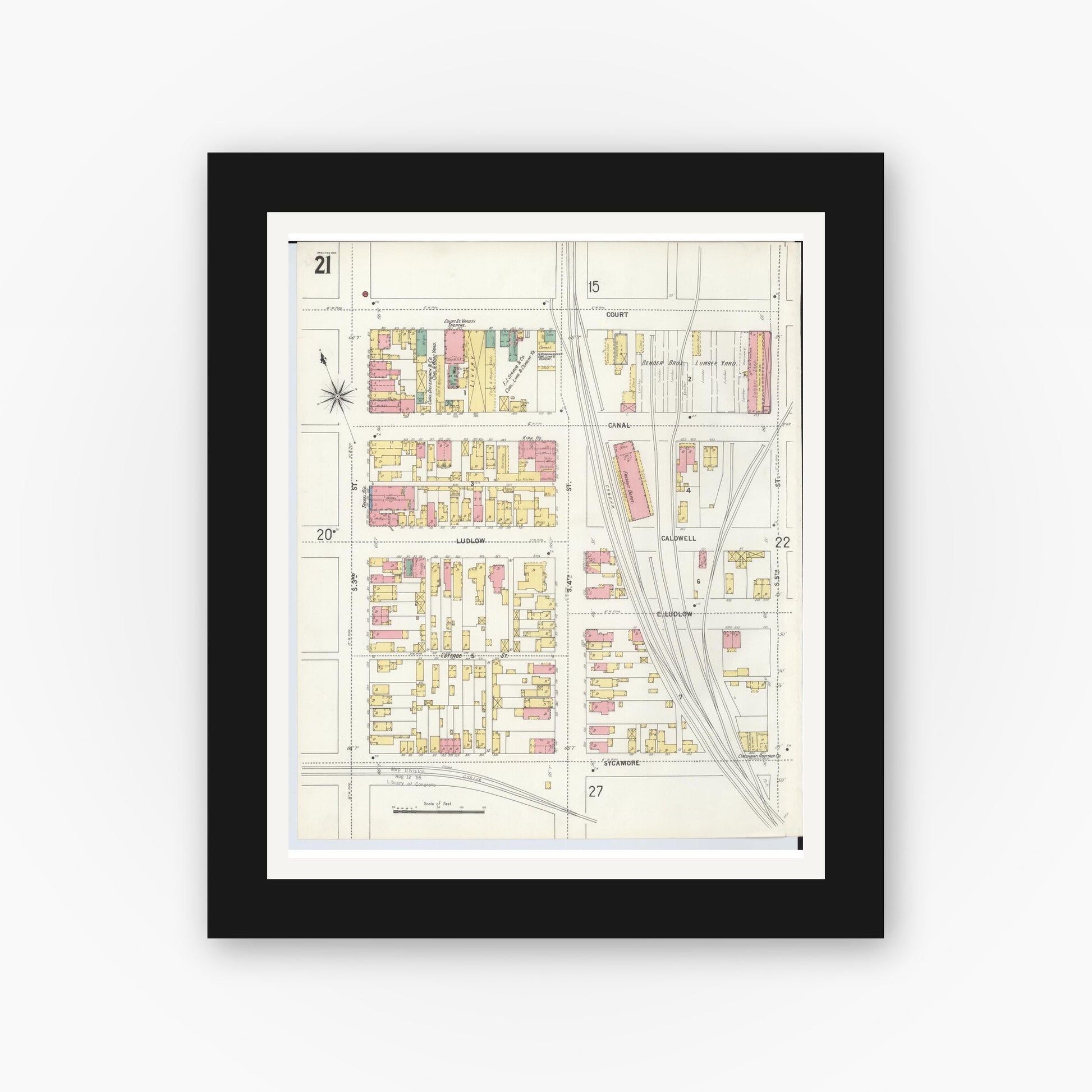 Old map wall art mockup — black gallery frame with white mat — Sanborn Fire Insurance Map from Hamilton, Butler County, Ohio (1899), Sheet #0021