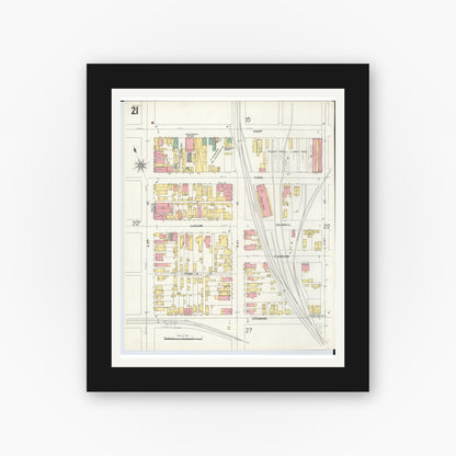Old map wall art mockup — black gallery frame with white mat — Sanborn Fire Insurance Map from Hamilton, Butler County, Ohio (1899), Sheet #0021