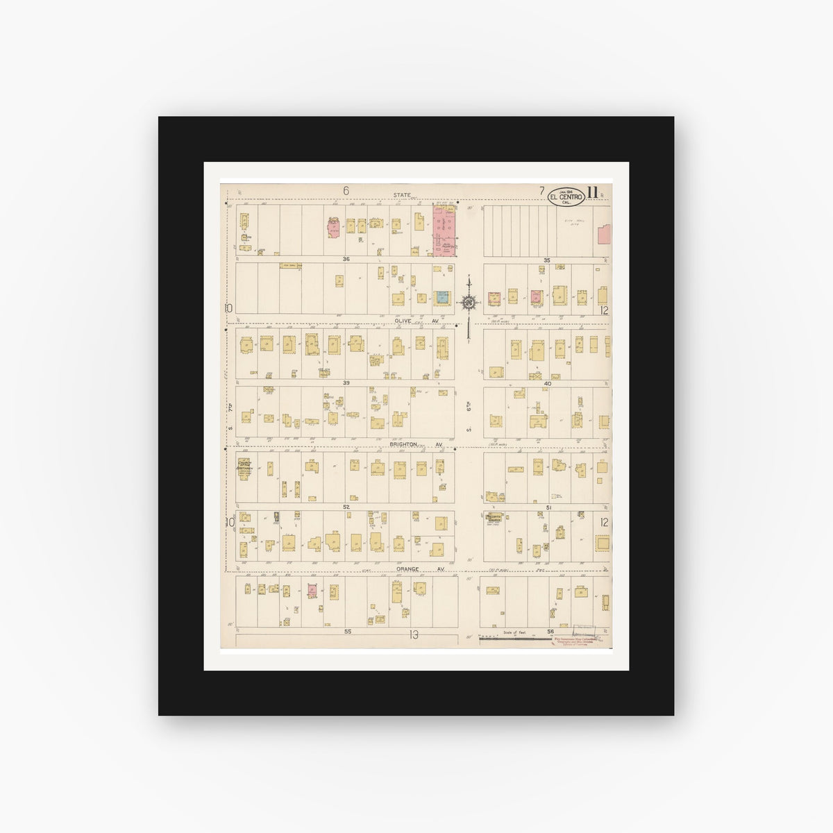 Old map wall art mockup — black gallery frame with white mat — Sanborn Fire Insurance Map from El Centro, Imperial County, California (1914), Sheet #0011