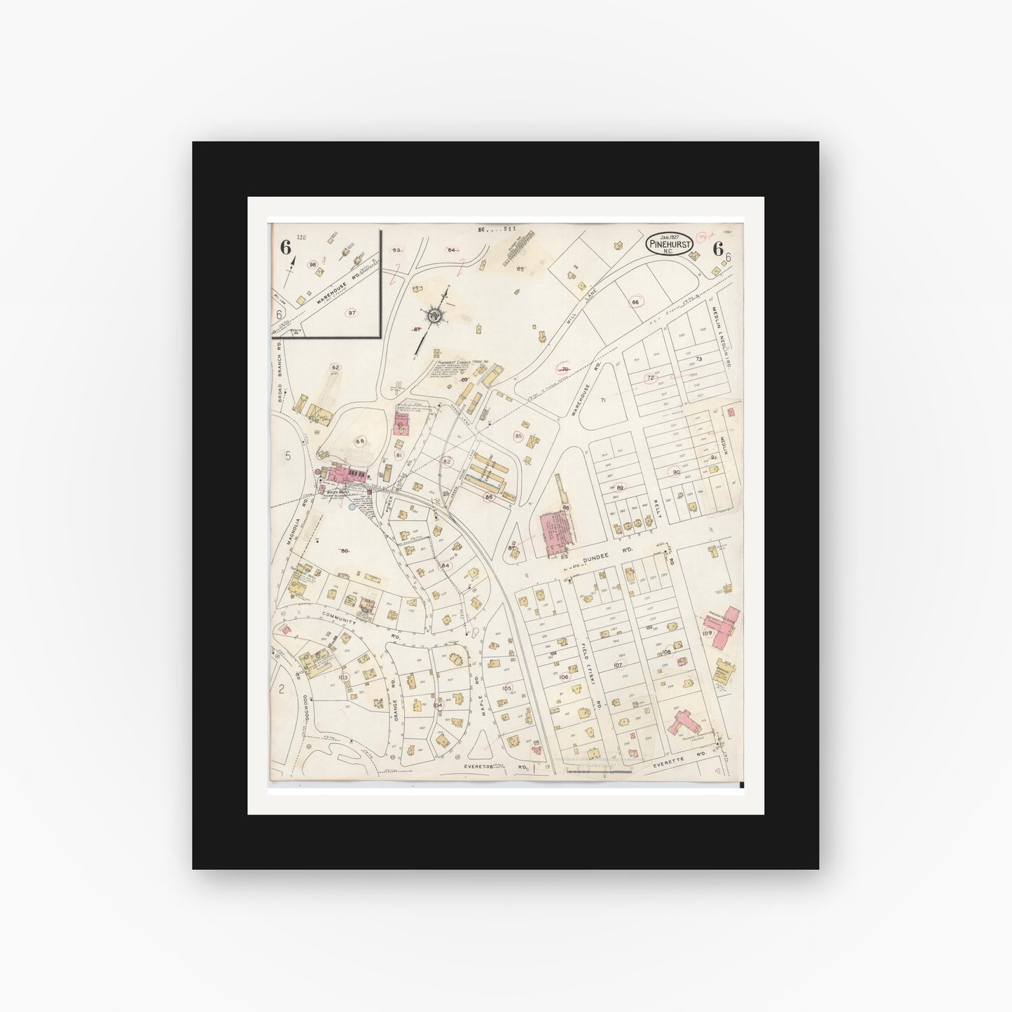 Old map wall art mockup — black gallery frame with white mat — Sanborn Fire Insurance Map from Pinehurst, Moore County, North Carolina (1939), Sheet #0006