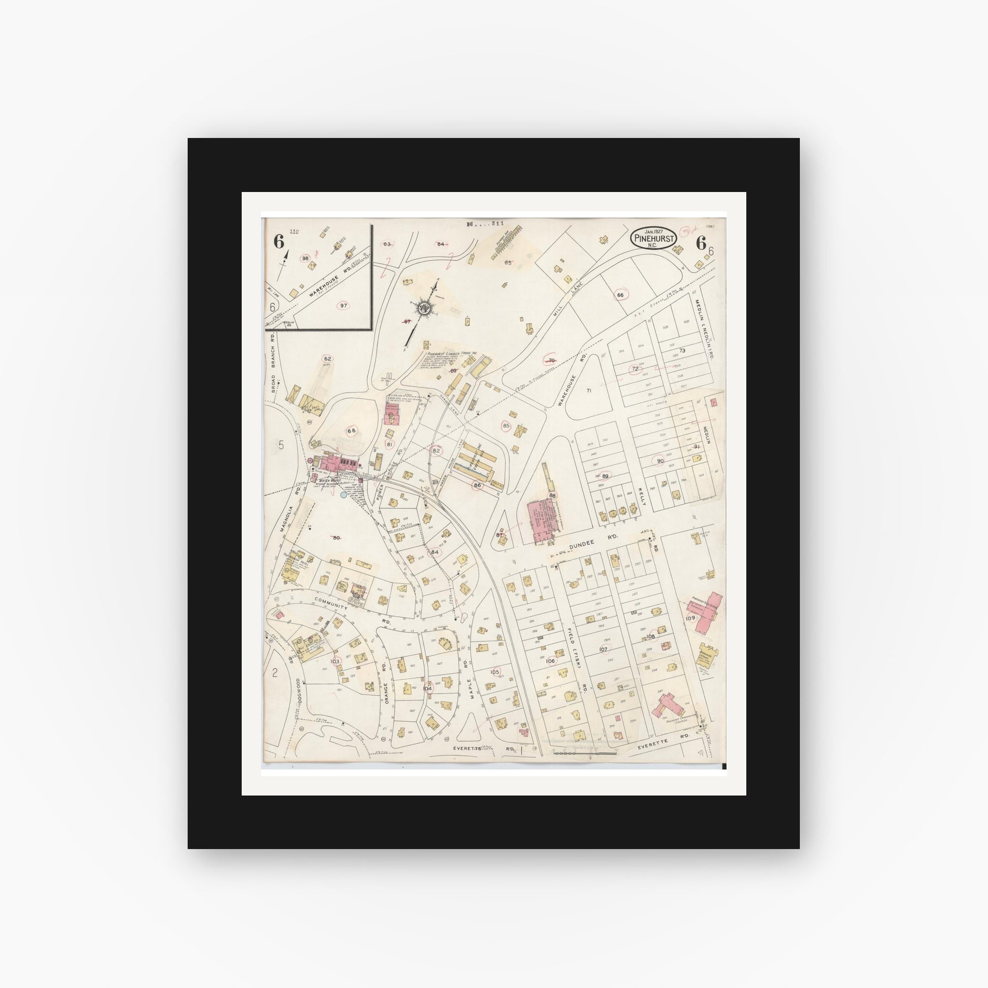 Old map wall art mockup — black gallery frame with white mat — Sanborn Fire Insurance Map from Pinehurst, Moore County, North Carolina (1939), Sheet #0006