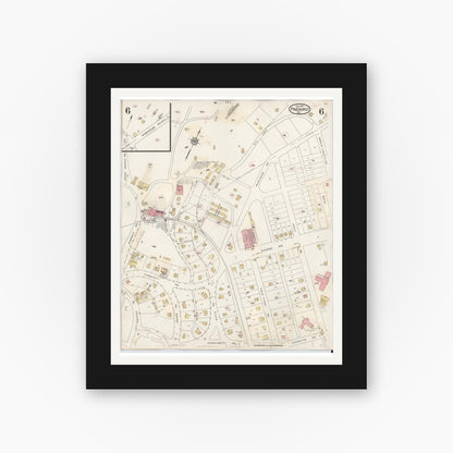 Old map wall art mockup — black gallery frame with white mat — Sanborn Fire Insurance Map from Pinehurst, Moore County, North Carolina (1939), Sheet #0006