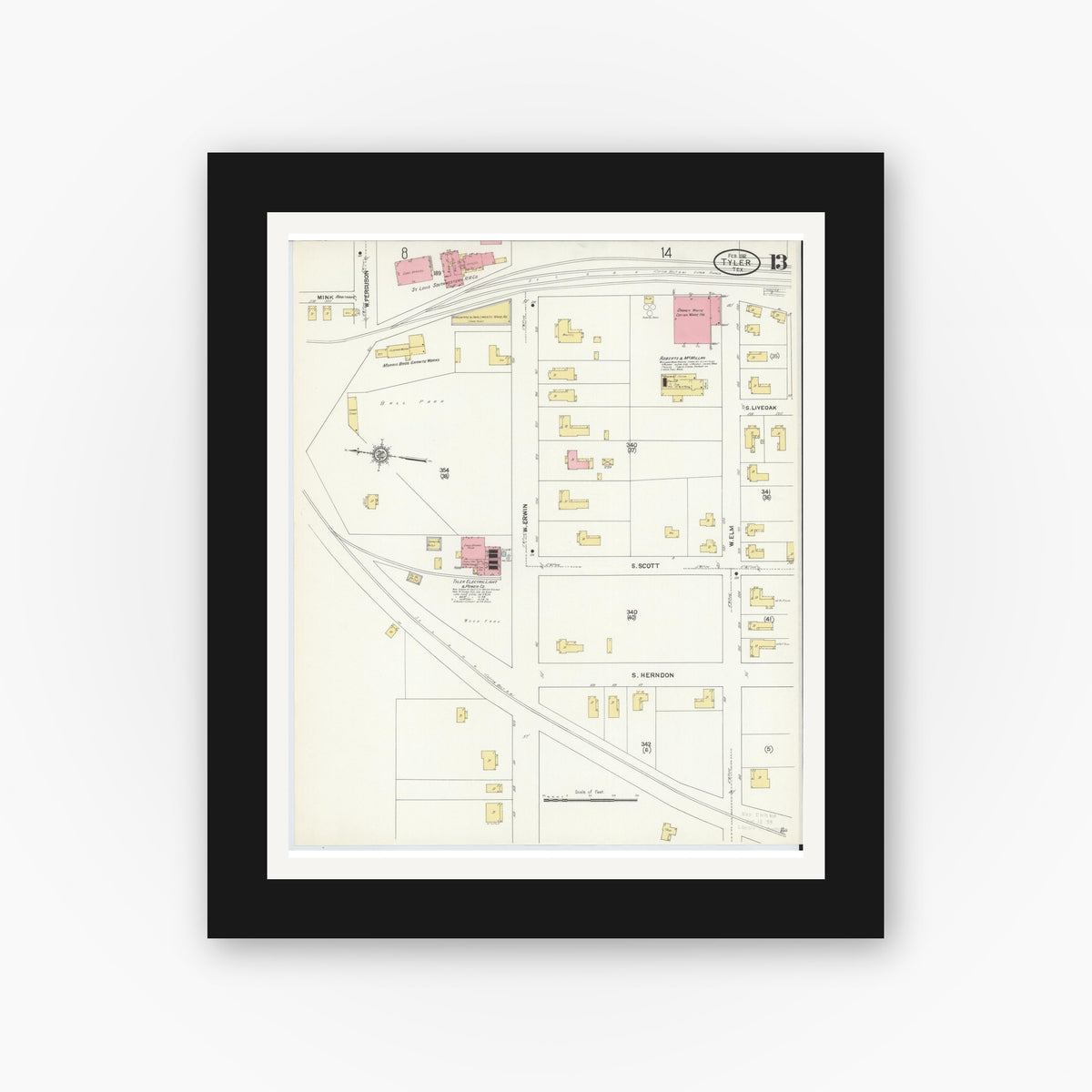 Old map wall art mockup — black gallery frame with white mat — Sanborn Fire Insurance Map from Tyler, Smith County, Texas (1912), Sheet #0013