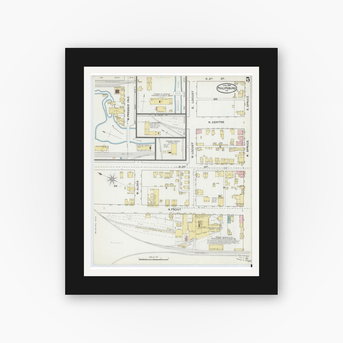 Old map wall art mockup — black gallery frame with white mat — Sanborn Fire Insurance Map from Philipsburg, Centre County, Pennsylvania (1892), Sheet #0005
