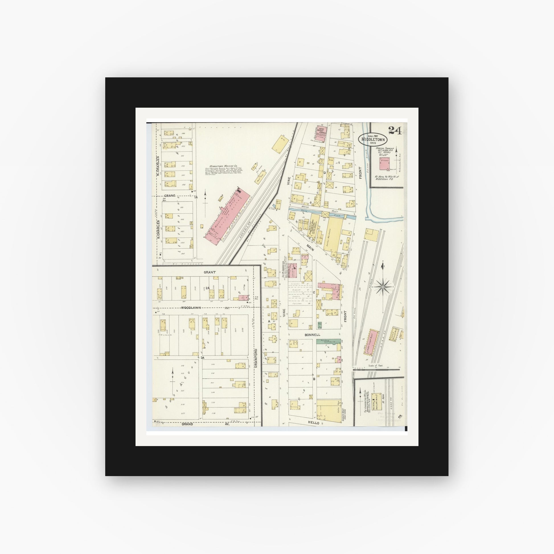 Old map wall art mockup — black gallery frame with white mat — Sanborn Fire Insurance Map from Middletown, Butler County, Ohio (1907), Sheet #0024