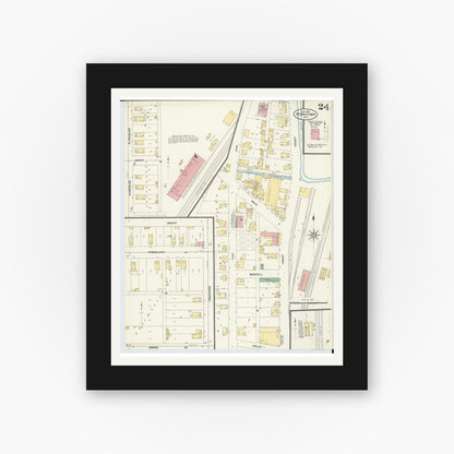 Old map wall art mockup — black gallery frame with white mat — Sanborn Fire Insurance Map from Middletown, Butler County, Ohio (1907), Sheet #0024