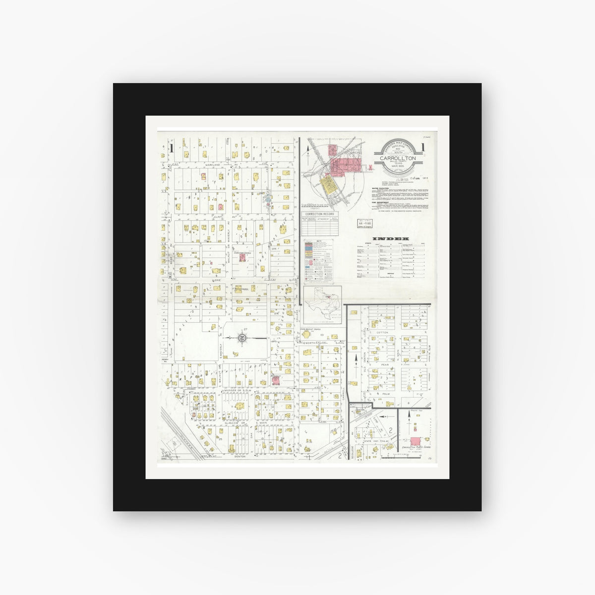 Old map wall art mockup — black gallery frame with white mat — Sanborn Fire Insurance Map from Carrollton, Dallas County, Texas (1935), Sheet #0001