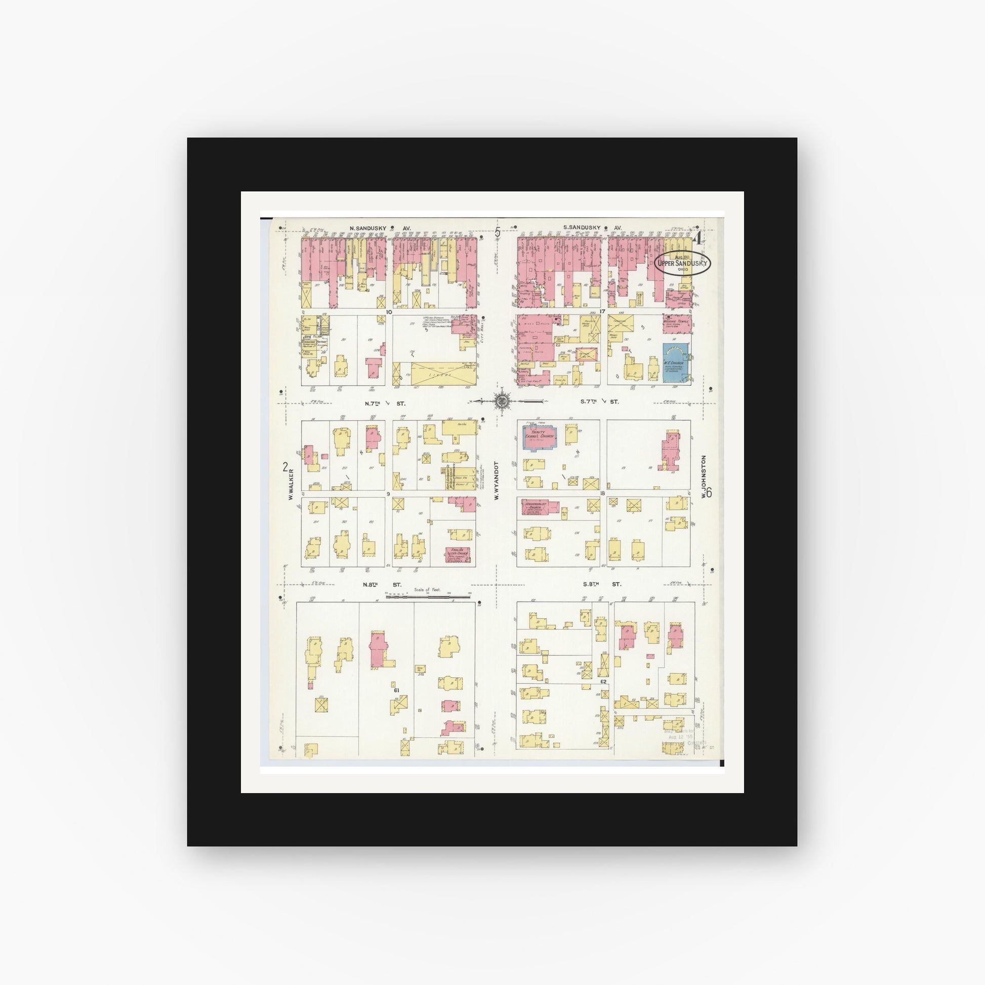 Old map wall art mockup — black gallery frame with white mat — Sanborn Fire Insurance Map from Upper Sandusky, Wyandot County, Ohio (1911), Sheet #0004