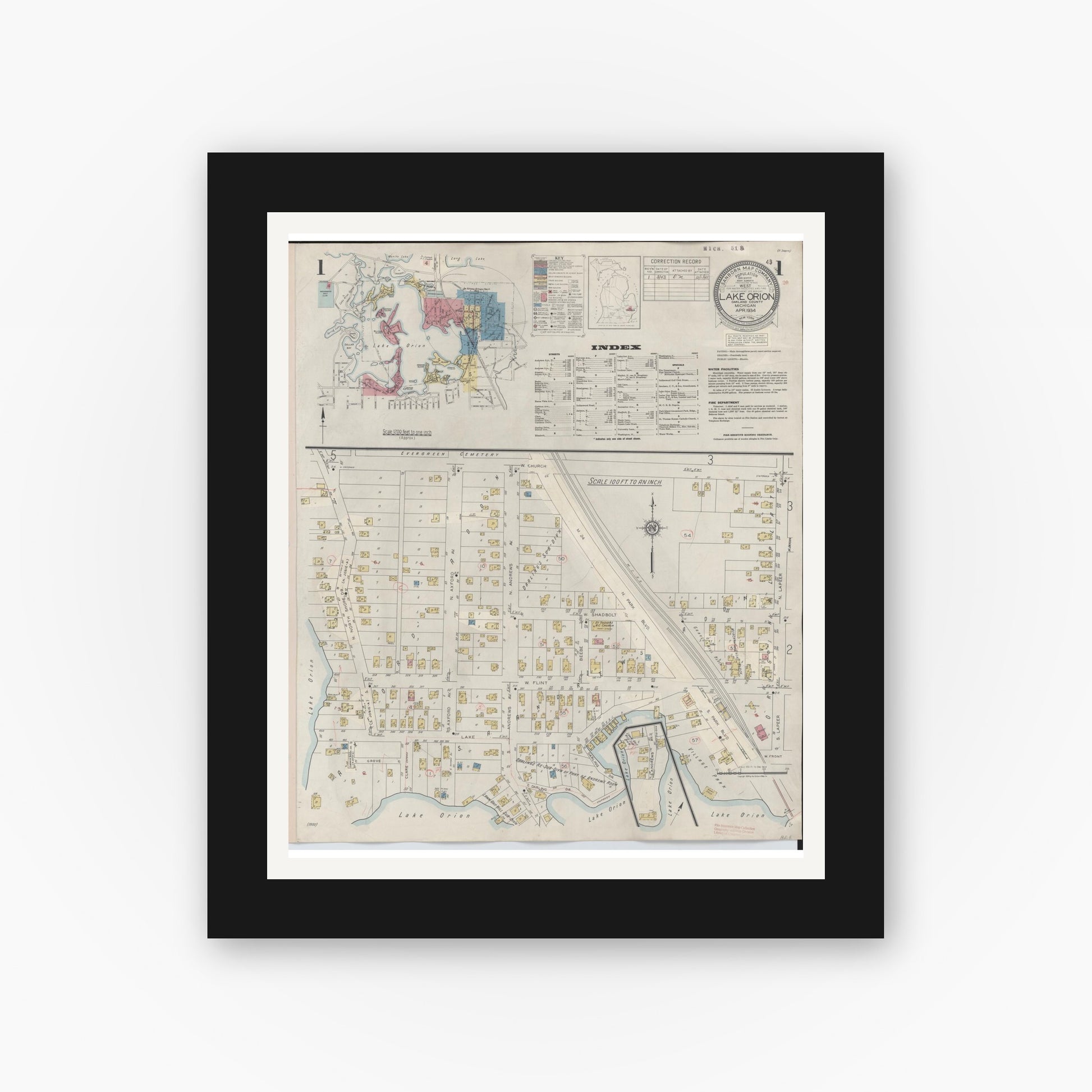 Old map wall art mockup — black gallery frame with white mat — Sanborn Fire Insurance Map from Lake Orion, Oakland County, Michigan (1943) - Complete Map Set