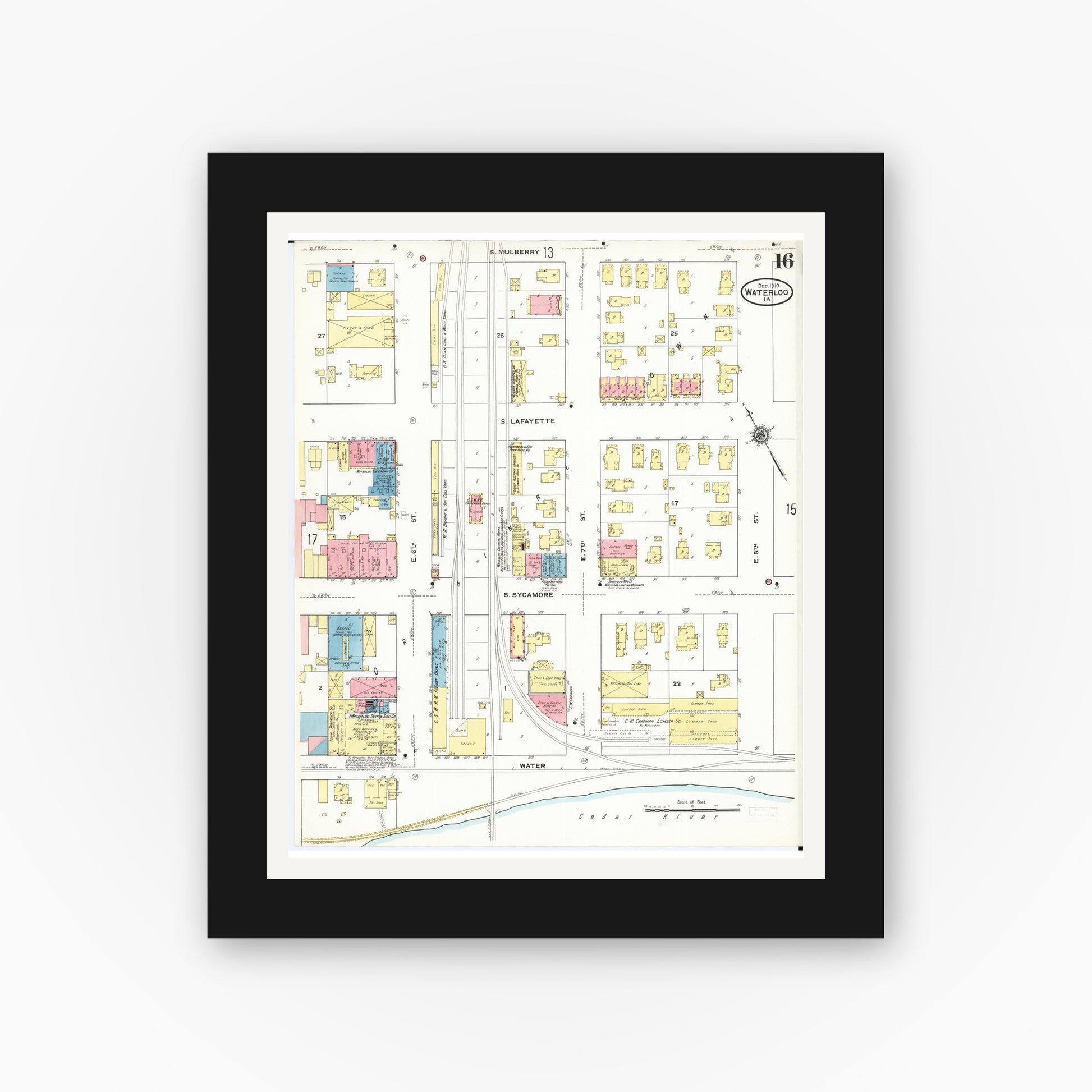 Old map wall art mockup — black gallery frame with white mat — Sanborn Fire Insurance Map from Waterloo, Black Hawk County, Iowa (1910), Sheet #0016