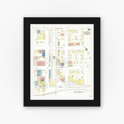 Old map wall art mockup — black gallery frame with white mat — Sanborn Fire Insurance Map from Waterloo, Black Hawk County, Iowa (1910), Sheet #0016