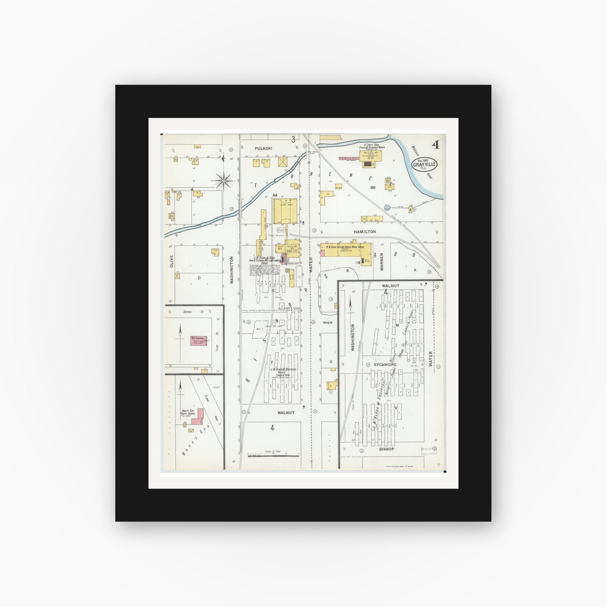 Old map wall art mockup — black gallery frame with white mat — Sanborn Fire Insurance Map from Grayville, White And Edwards Counties, Illinois (1900), Sheet #0004