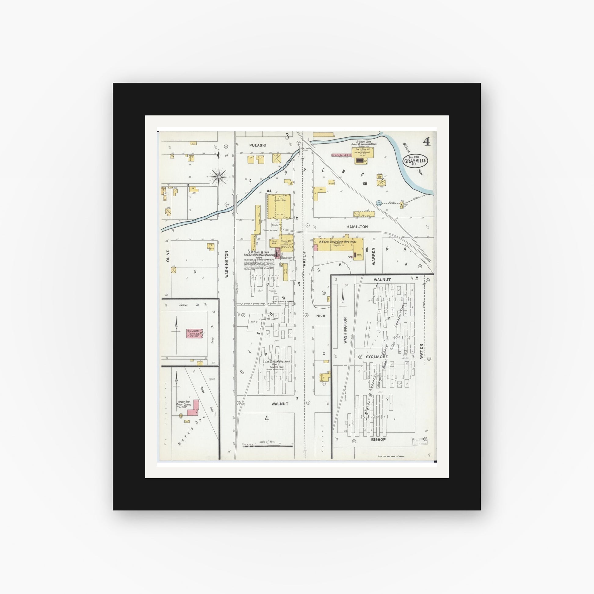 Old map wall art mockup — black gallery frame with white mat — Sanborn Fire Insurance Map from Grayville, White And Edwards Counties, Illinois (1900), Sheet #0004