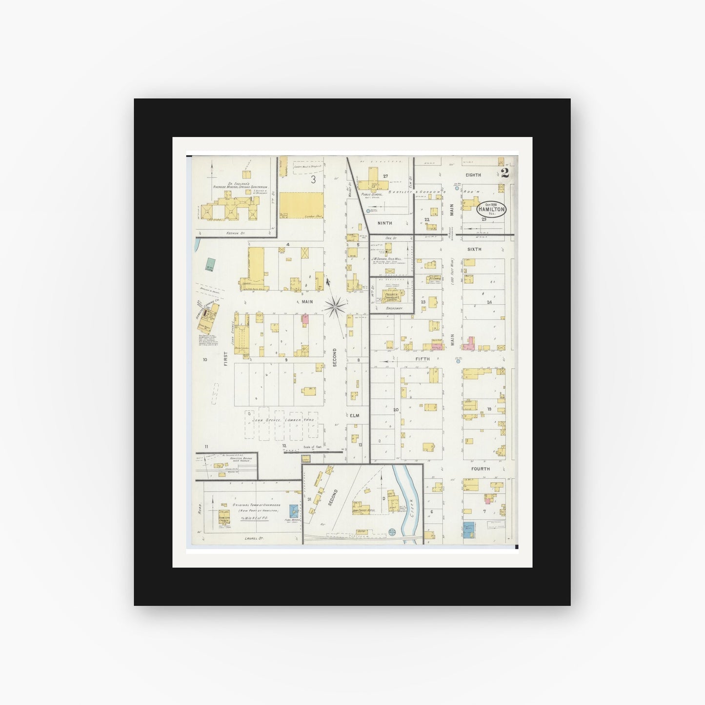 Old map wall art mockup — black gallery frame with white mat — Sanborn Fire Insurance Map from Hamilton, Hancock County, Illinois (1898), Sheet #0002