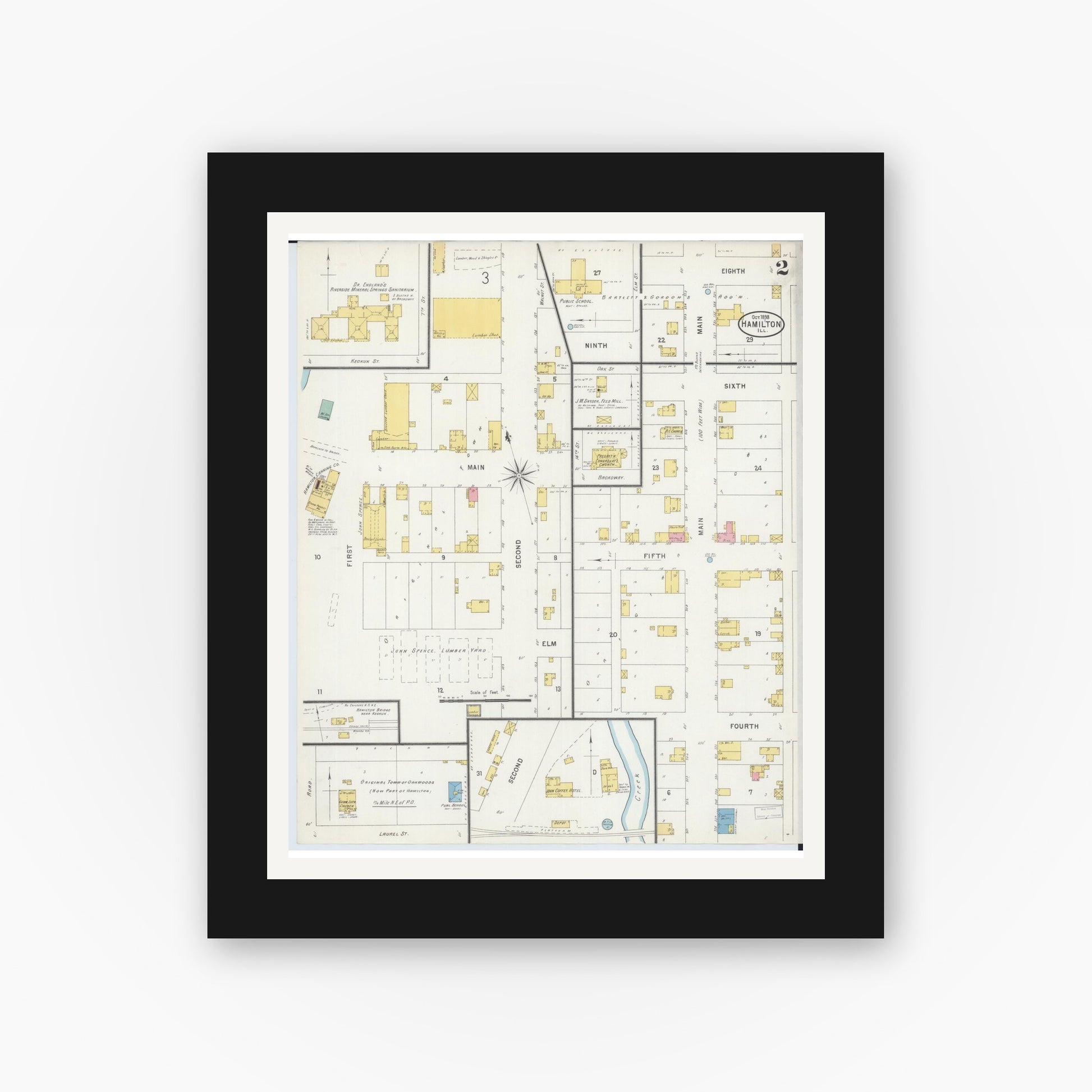 Old map wall art mockup — black gallery frame with white mat — Sanborn Fire Insurance Map from Hamilton, Hancock County, Illinois (1898), Sheet #0002