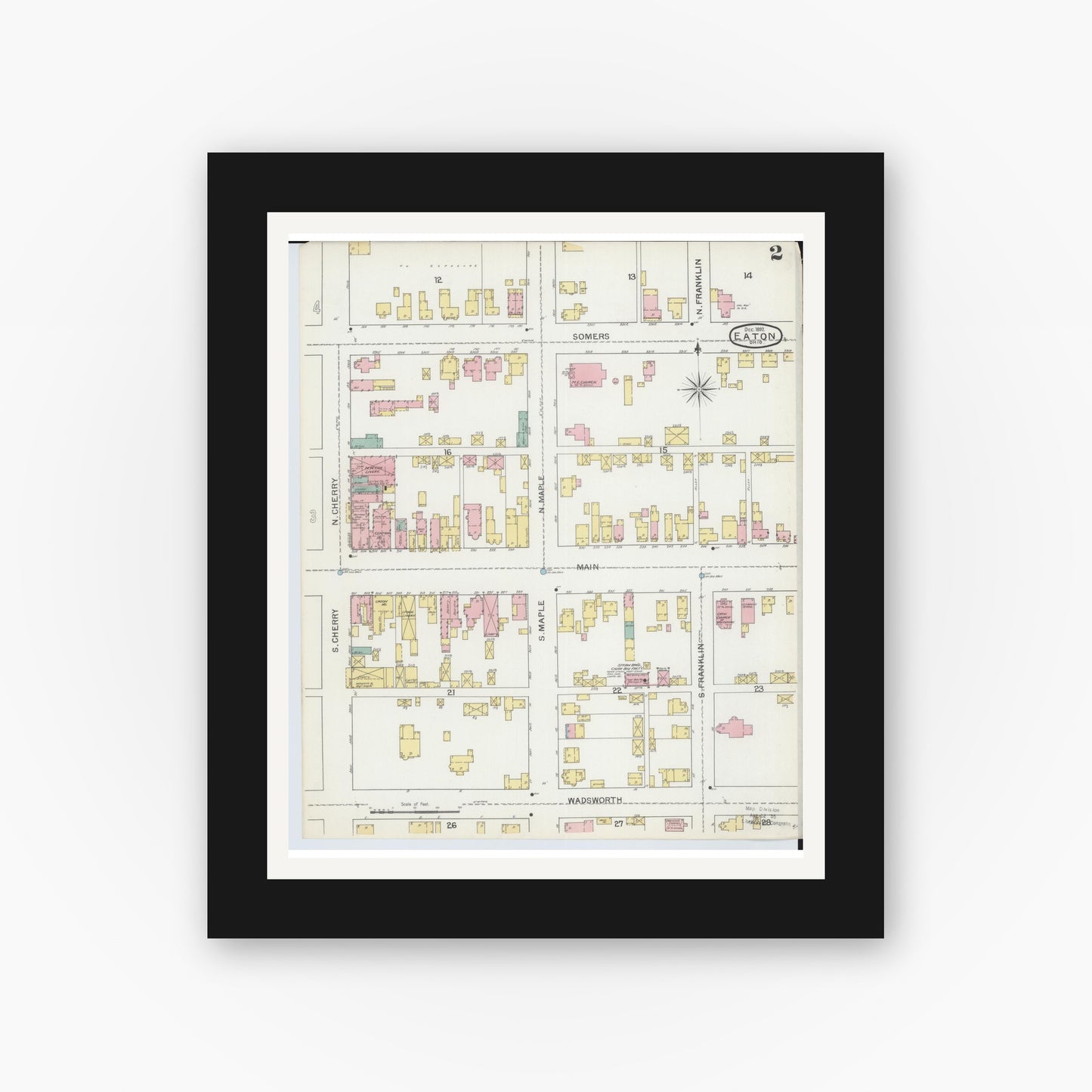 Old map wall art mockup — black gallery frame with white mat — Sanborn Fire Insurance Map from Eaton, Preble County, Ohio (1892), Sheet #0002