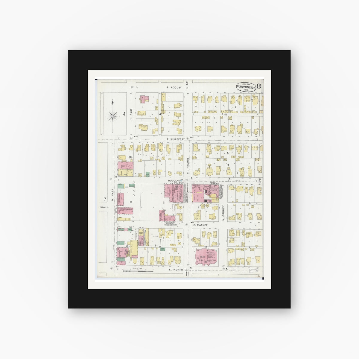 Old map wall art mockup — black gallery frame with white mat — Sanborn Fire Insurance Map from Bloomington, McLean County, Illinois (1896), Sheet #0008