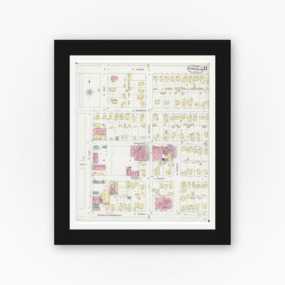 Old map wall art mockup — black gallery frame with white mat — Sanborn Fire Insurance Map from Bloomington, McLean County, Illinois (1896), Sheet #0008