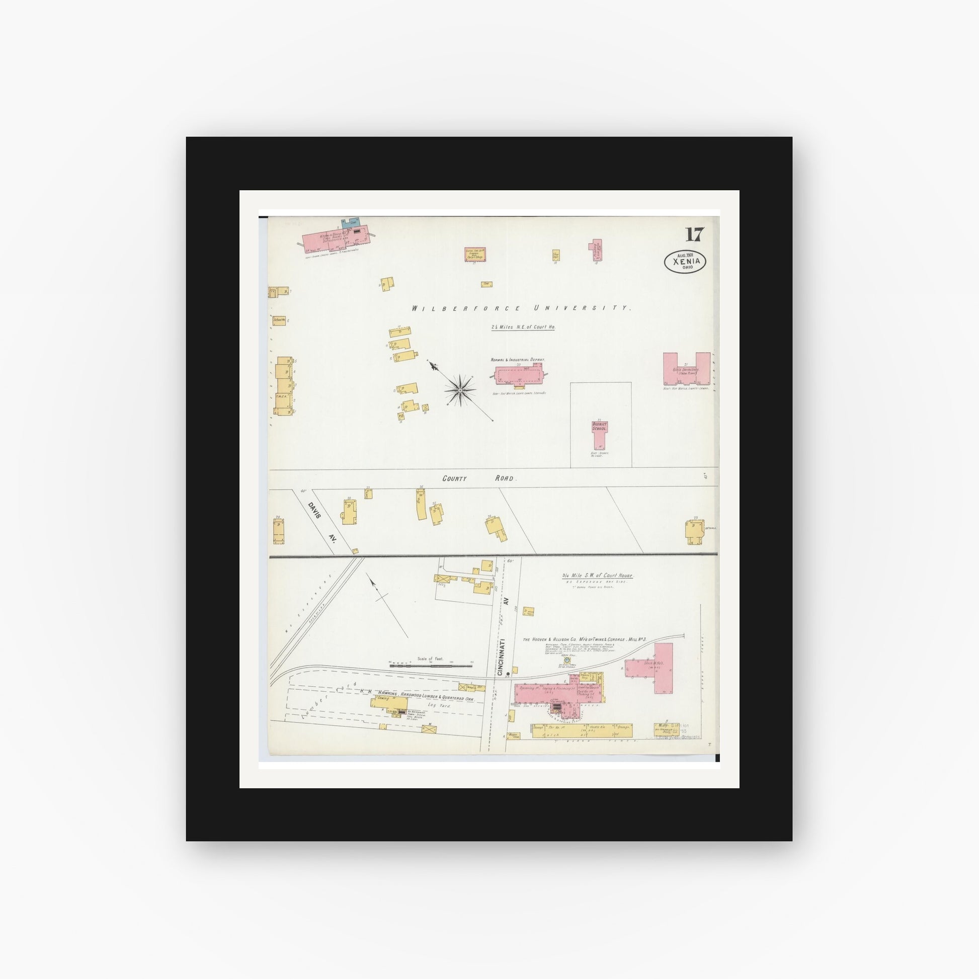 Old map wall art mockup — black gallery frame with white mat — Sanborn Fire Insurance Map from Xenia, Greene County, Ohio (1901), Sheet #0017