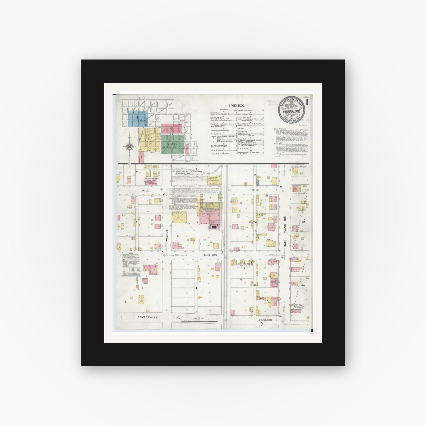 Old map wall art mockup — black gallery frame with white mat — Sanborn Fire Insurance Map from Freeburg, Saint Clair County, Illinois (1910), Sheet #0001