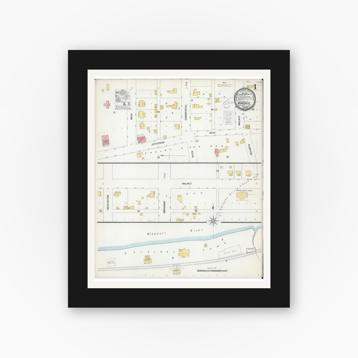 Old map wall art mockup — black gallery frame with white mat — Sanborn Fire Insurance Map from Waverly, Lafayette County, Missouri (1900) - Complete Map Set