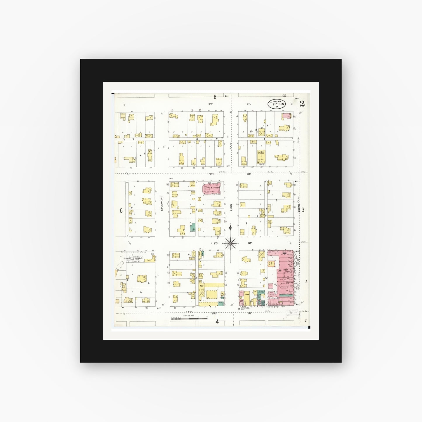 Old map wall art mockup — black gallery frame with white mat — Sanborn Fire Insurance Map from Tipton, Cedar County, Iowa (1906), Sheet #0002