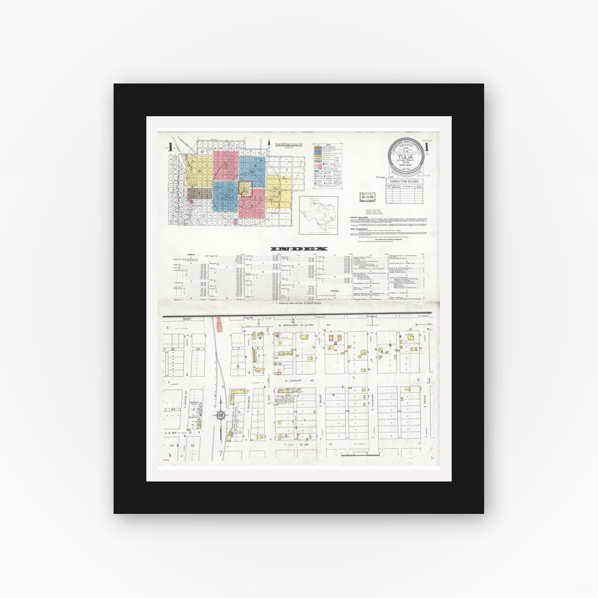 Old map wall art mockup — black gallery frame with white mat — Sanborn Fire Insurance Map from Tulia, Swisher County, Texas (1936) - Complete Map Set