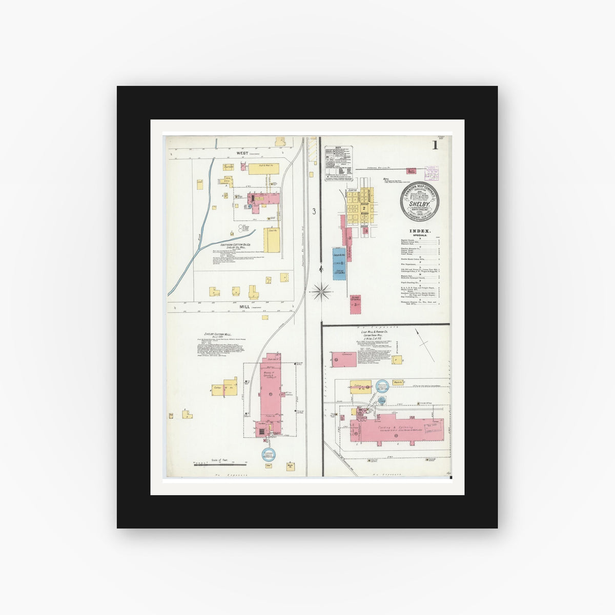 Old map wall art mockup — black gallery frame with white mat — Sanborn Fire Insurance Map from Shelby, Cleveland County, North Carolina (1905) - Complete Map Set