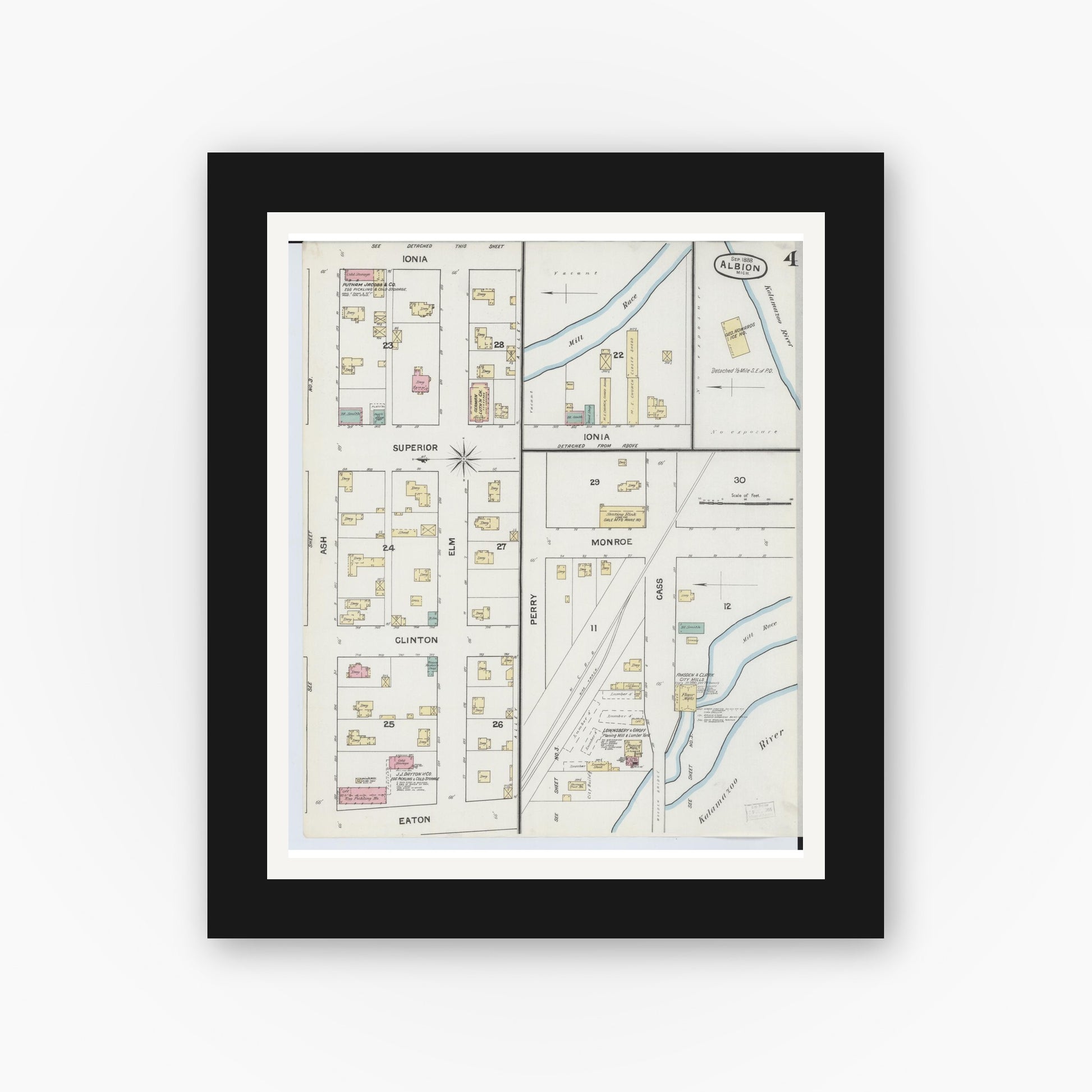 Old map wall art mockup — black gallery frame with white mat — Sanborn Fire Insurance Map from Albion, Calhoun County, Michigan (1888), Sheet #0004