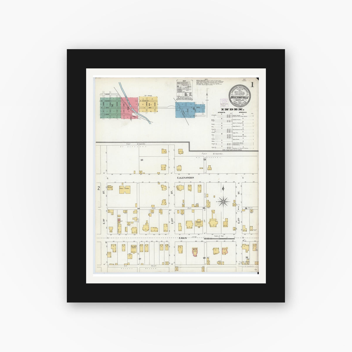 Old map wall art mockup — black gallery frame with white mat — Sanborn Fire Insurance Map from Brockway, Jefferson County, Pennsylvania (1904) - Complete Map Set