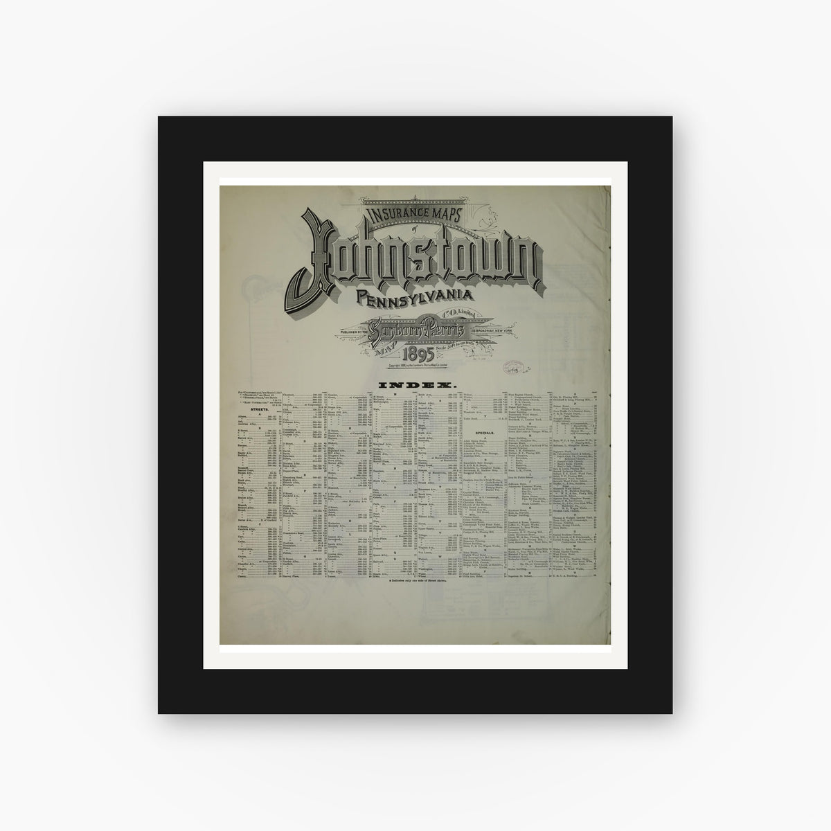 Old map wall art mockup — black gallery frame with white mat — Sanborn Fire Insurance Map from Johnstown, Cambria County, Pennsylvania (1895), Sheet #0001