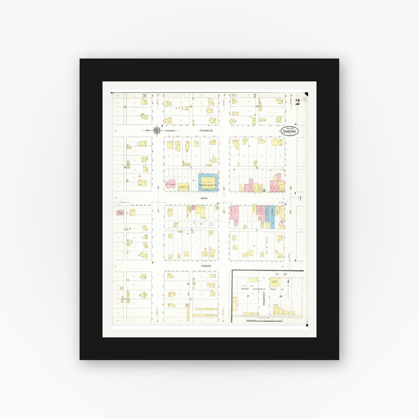 Old map wall art mockup — black gallery frame with white mat — Sanborn Fire Insurance Map from Sanborn, O'Brien County, Iowa (1916), Sheet #0002