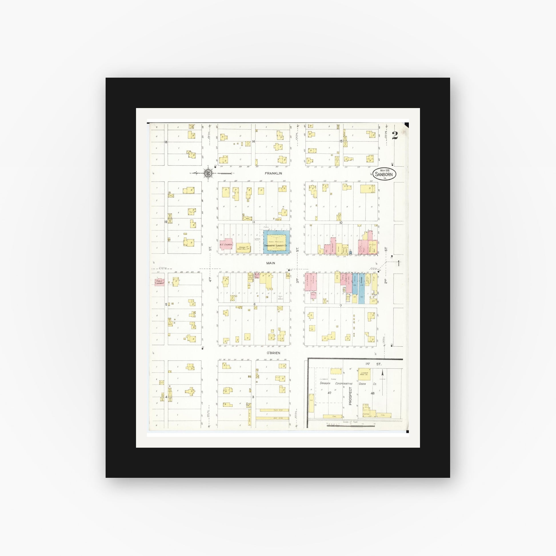 Old map wall art mockup — black gallery frame with white mat — Sanborn Fire Insurance Map from Sanborn, O'Brien County, Iowa (1916), Sheet #0002